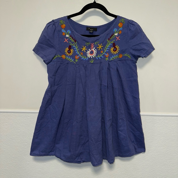 Forever 21 boho embroidered Mexican style oversized blouse blue & multicolored M - Picture 1 of 7